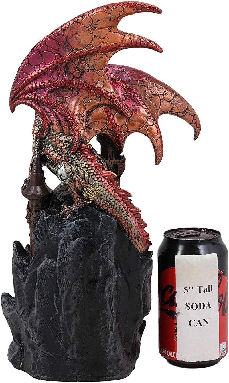 Ebros Large Red Fire Dragon On Rocky Castle Statue With Wizard LED Light Glass Ball
