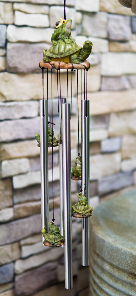 Ebros Tortoise Piggybacking Green Frog With Snail Garden Patio Wind Chime Decor