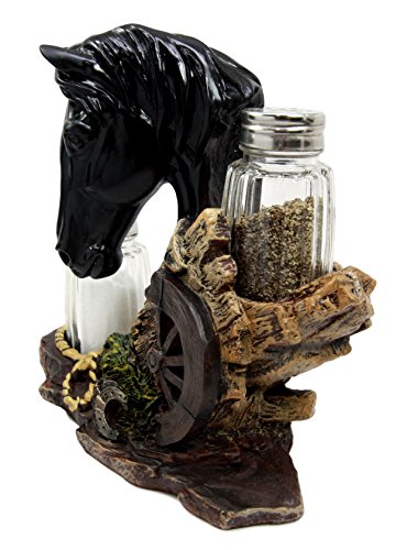 Ebros Western Decor Stallion Horse By Wagon Wheel Salt Pepper Shakers Holder Set 6.25"H (Black)