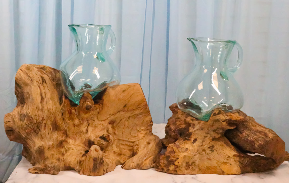 Set Of 2 Balinese Natural Gamal Wood Driftwood With Molten Glass Water Jugs
