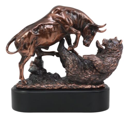Wall Street Stock Market Charging Bull Trouncing Bear Statue With Pedestal Base