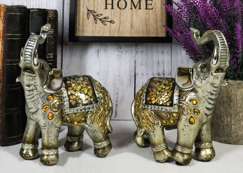 Ebros Bejeweled Mosaic Feng Shui Elephant With Trunk Up Statue 6"Tall Set of 2