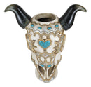 Set Of 2 Southwest Cow Skull With Turquoise Rocks And Braided Ropes Floral Vases