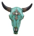 Ebros 10.5" Wide Western Southwest Steer Bison Buffalo Bull Cow Horned Skull Head Turquoise Silver Cross with Floral Lace Design Wall Mount Decor - Ebros Gift