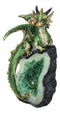 Metallic Green Iridescent Dragon On Faux Geode Rock Quartz Crystal Cove Figurine