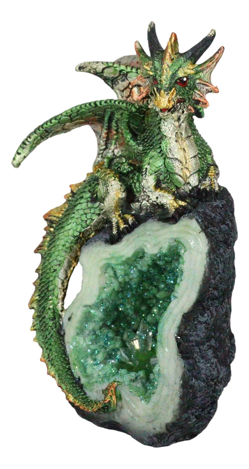 Metallic Green Iridescent Dragon On Faux Geode Rock Quartz Crystal Cove Figurine