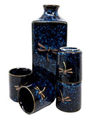 Japanese 14oz Ceramic Midnight Blue Dragonfly Tombo Sake Set Flask With Four Cups