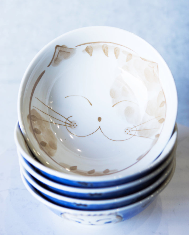 Made In Japan Blue Lucky Cat Maneki Neko 32oz Soup Pasta Cereal Bowls Set of 5