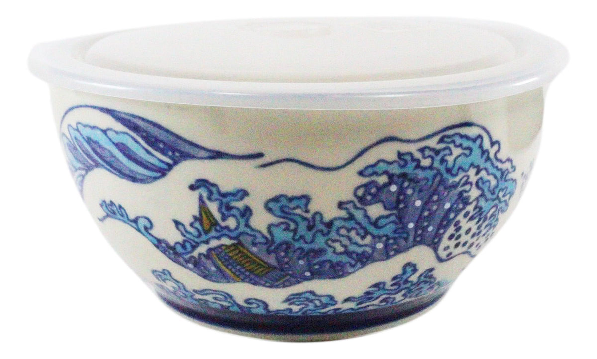 Ebros Set of 2 Ceramic Blue Hokusai Great Wave Portion Meal Bowls 5 Cups Airtight Lid