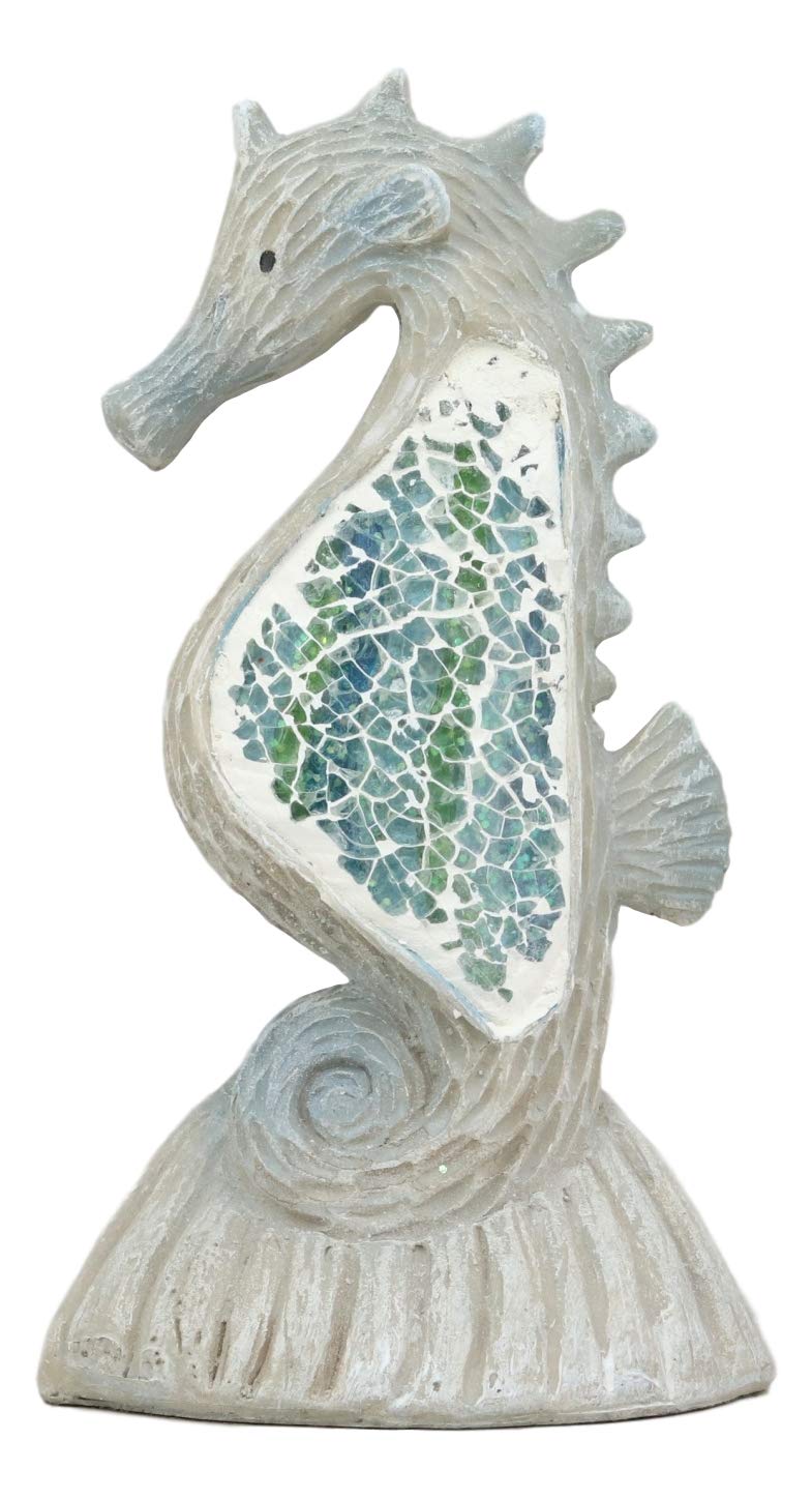 Nautical Ocean Marine Life Aqua Blue Mosaic Seahorse By Coral Rock Statue 6"Tall