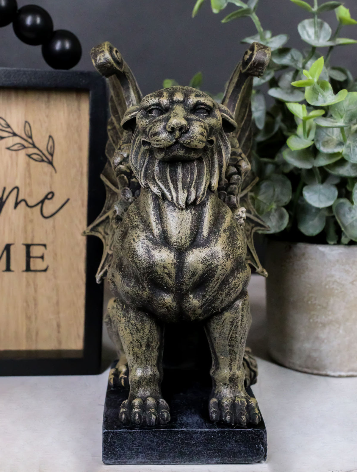 Ebros Lion Gargoyle with Griffin Wings Crouching On Pedestal Statue 6.5" Tall