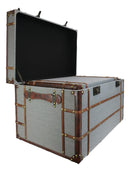 Set Of 3 Stackable Large Wood Vintage Grey Fabric With Leather Trunk Case Boxes