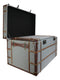 Set Of 3 Stackable Large Wood Vintage Grey Fabric With Leather Trunk Case Boxes