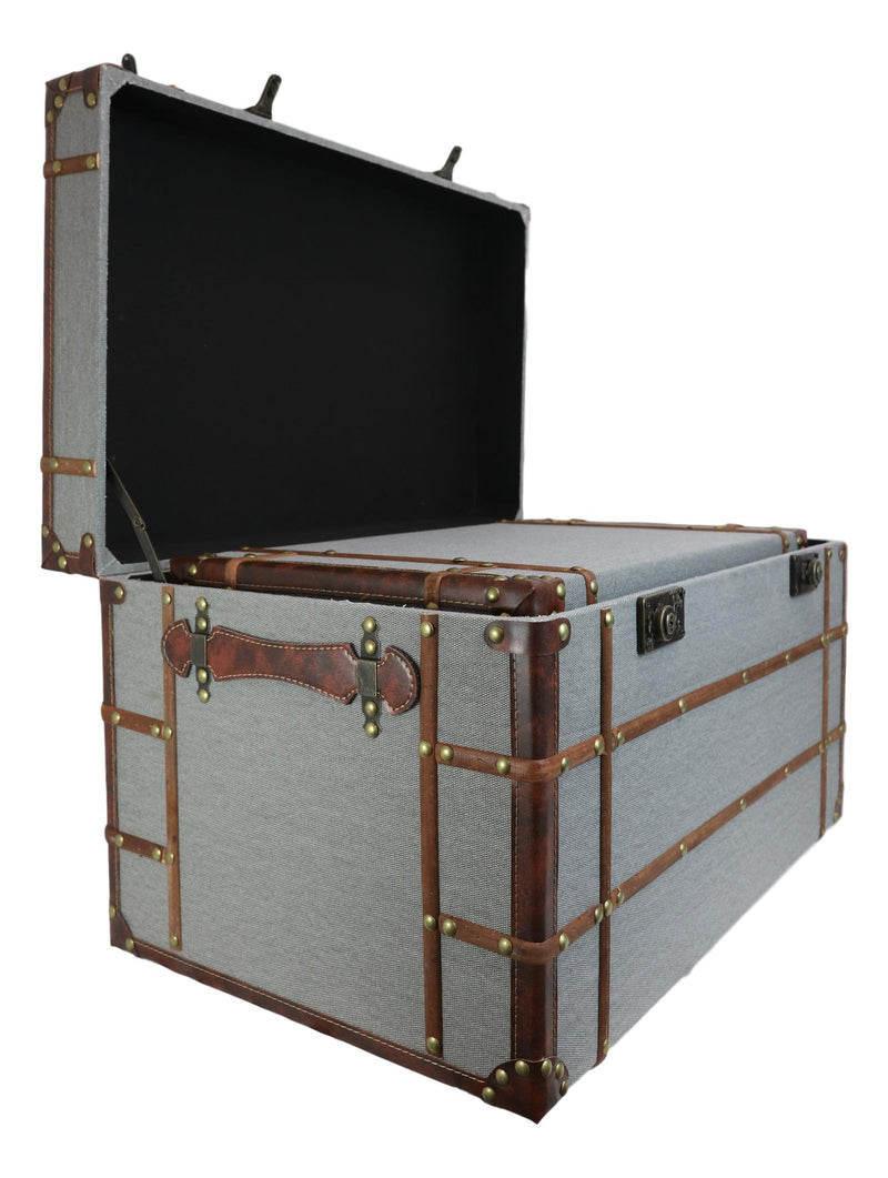 Set Of 3 Stackable Large Wood Vintage Grey Fabric With Leather Trunk Case Boxes