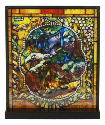 Louis Comfort Tiffany Four Seasons Set Mosaic Stained Glass Art With Base Decor