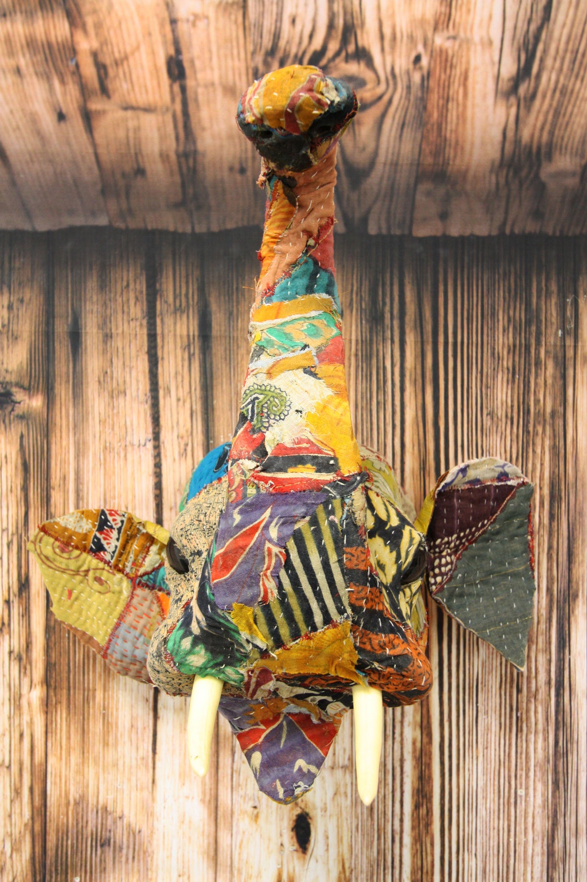 Elephant with Trunk Up Hand Crafted Paper Mache In Sari Fabric Wall Head Decor