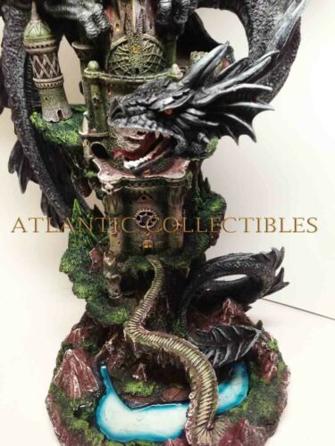 Ebros Large 23.5" Tall Black Dragon Guarding Castle Atop A Rocky Cliff Statue - Ebros Gift