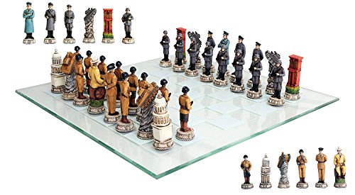 Ebros Gift World War Two Allied United States VS Axis Germany Resin Chess Pieces With Fine Glass Board Set - Ebros Gift