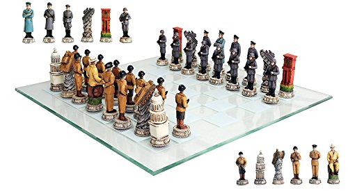Ebros Gift World War Two Allied United States VS Axis Germany Resin Chess Pieces With Fine Glass Board Set