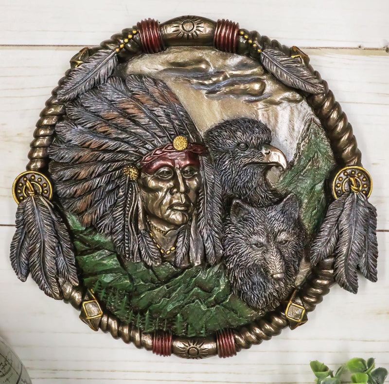 Indian Warrior Stoic Chief Wearing Headdress With Eagle and Wolf Wall Decor