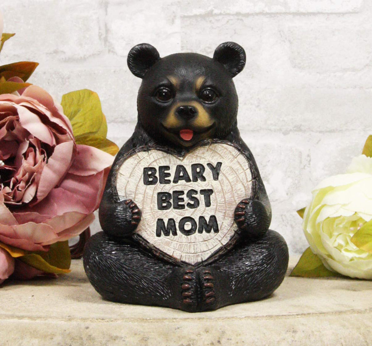 Whimsical Forest Black Bear Holding Heart Sign Saying "Beary Best Mom" Statue