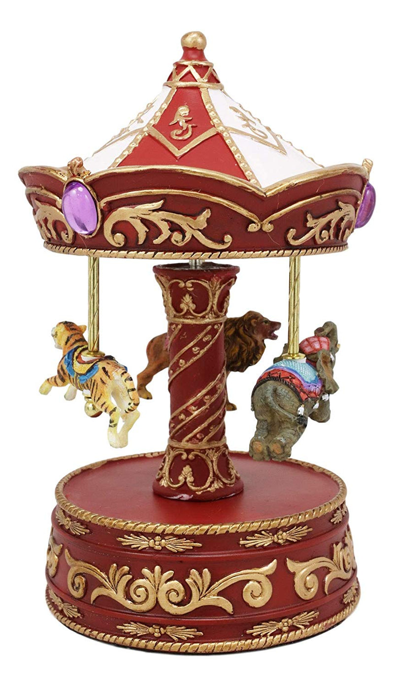 Ebros Carnival Merry Go Round Circus Elephant Tiger and Lion Red Musical Carousel Statue Playing Toyland Tune 8.5" Tall Clockwork Mechanism Roundabout Fantasy Theme Park Ride Mini Decor Sculpture