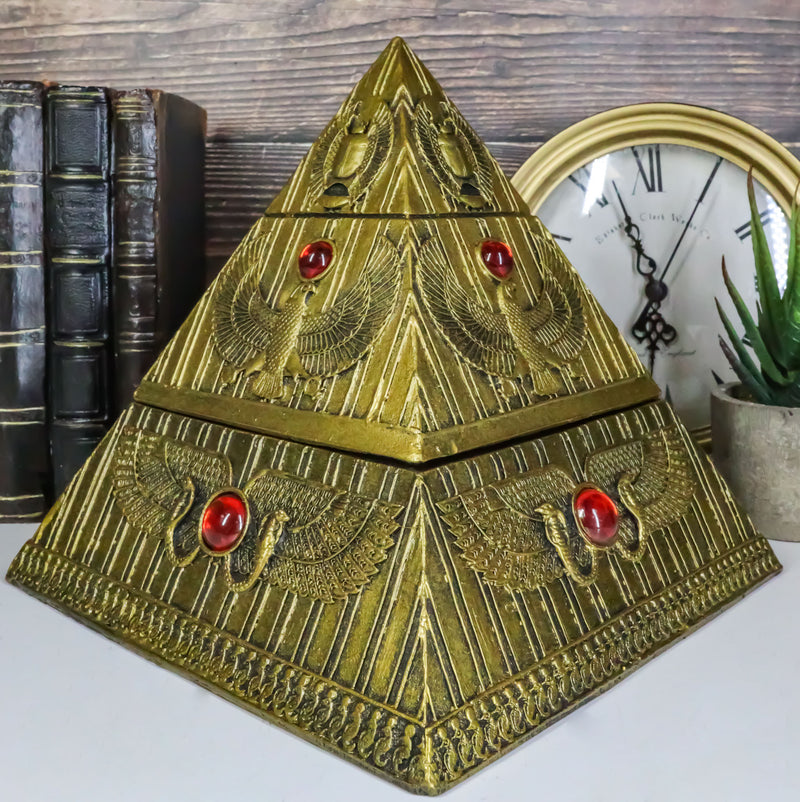 Ebros Egyptian Golden Winged Scarab Falcon Pyramid Jewelry Box Figurine 7.25"H