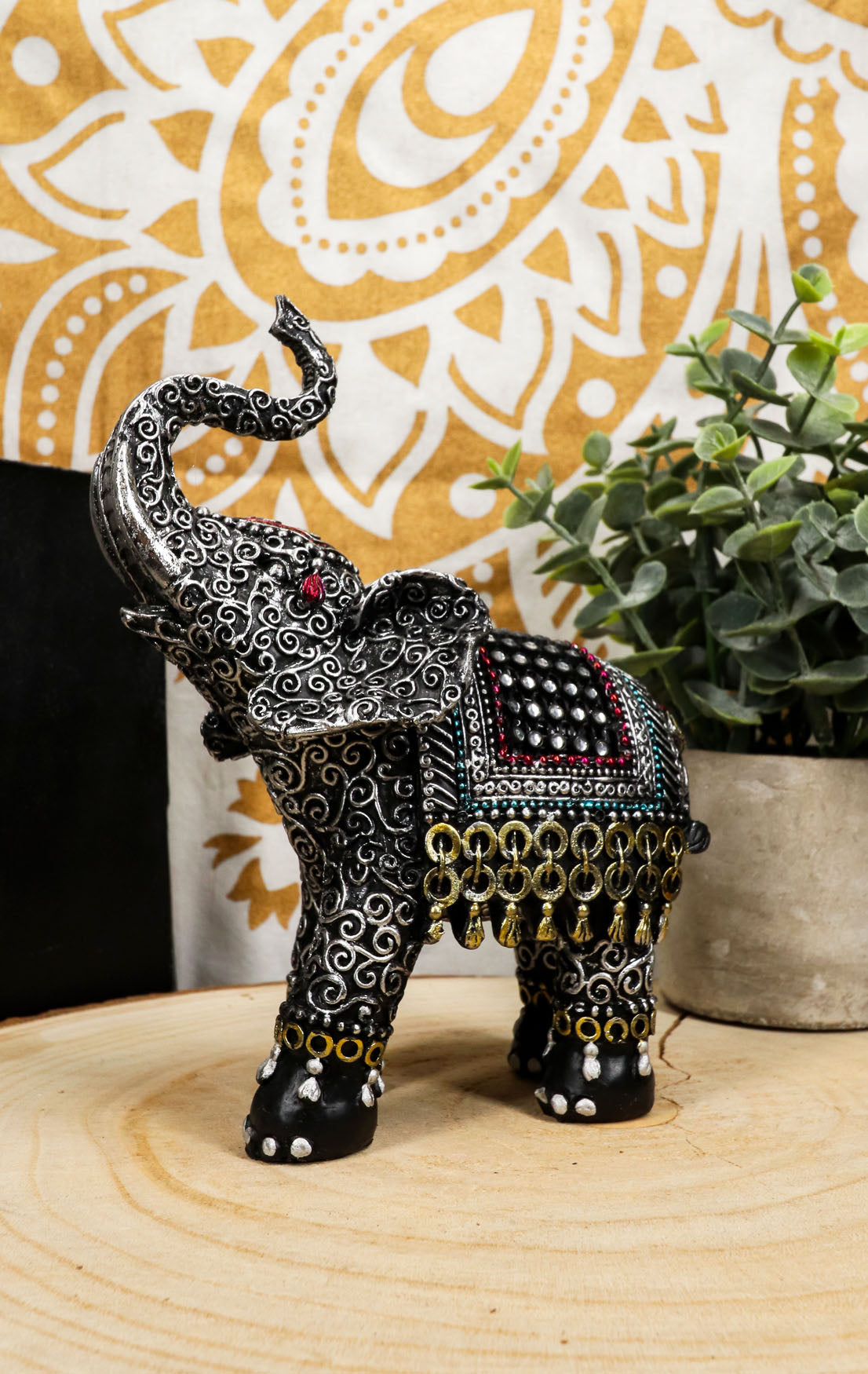 Ebros Feng Shui Scroll Art With Tapestry Pattern Trunk Up Trumpeting Elephant Statue - Ebros Gift
