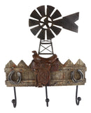 Rustic Western Windmill With Cowboy Barn Horseshoes And Saddle 3 Peg Wall Hooks