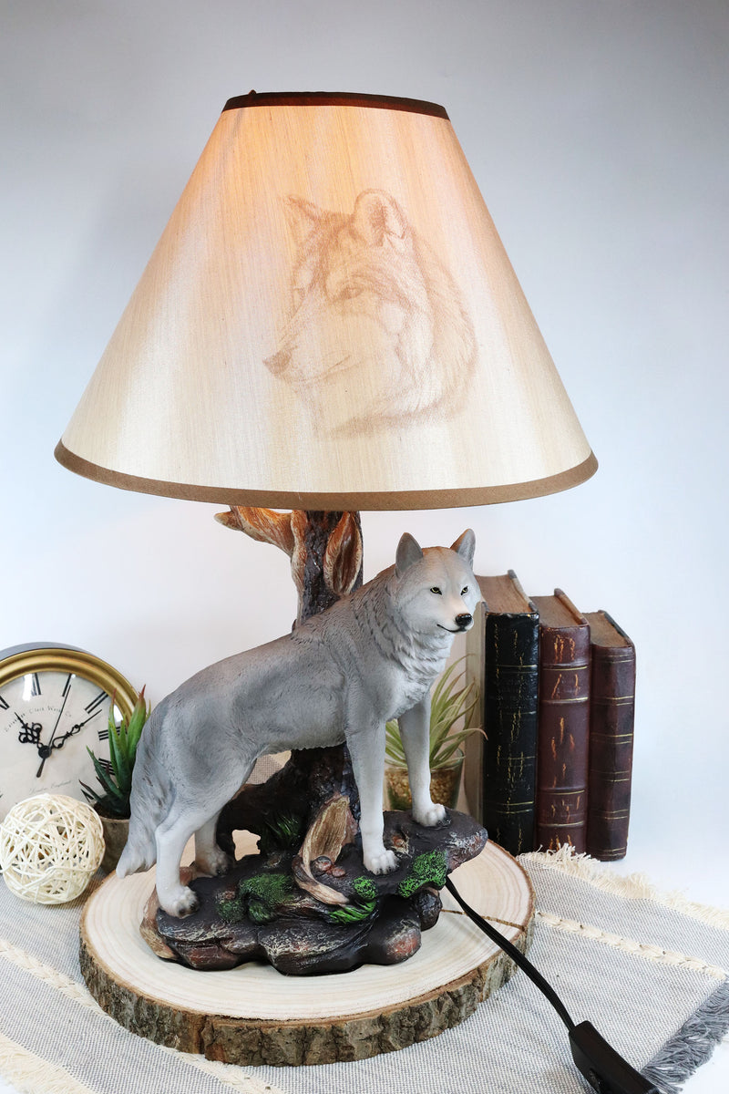 Ebros Denizen Of Twilight Lone Gray Wolf Table Lamp With Shade Decor Statue Set