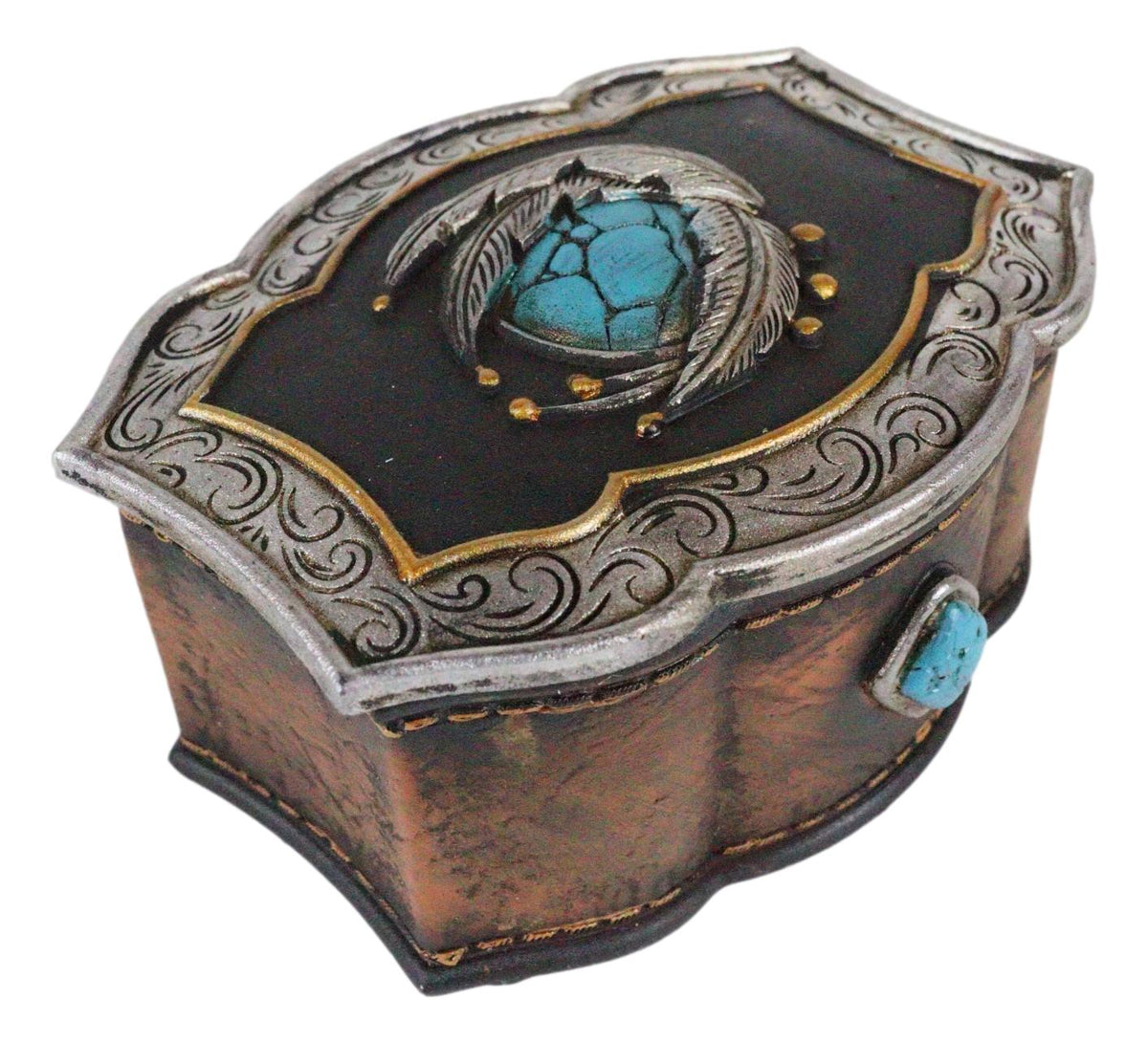 Southwest Turquoise Rocks Indian Feathers Tooled Leather Decorative Jewelry Box