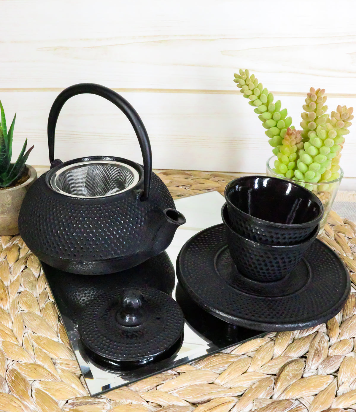 Japanese Imperial Dots Black Cast Iron Teapot Set With Trivet and Cups Serves 2