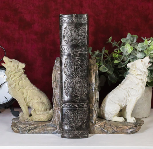 Ebros Animal Totem Spirit Howling Gray And Snow Wolves Decorative Small Bookends Figurine Set 5.5"Tall As Timberwolf or Wolf Decor For Library Book Shelves Fantasy Sculptures - Ebros Gift