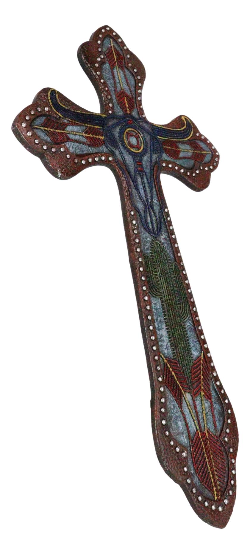 Rustic Western Texas Longhorn Cow Desert Cactus Faux Leather Wall Cross Decor