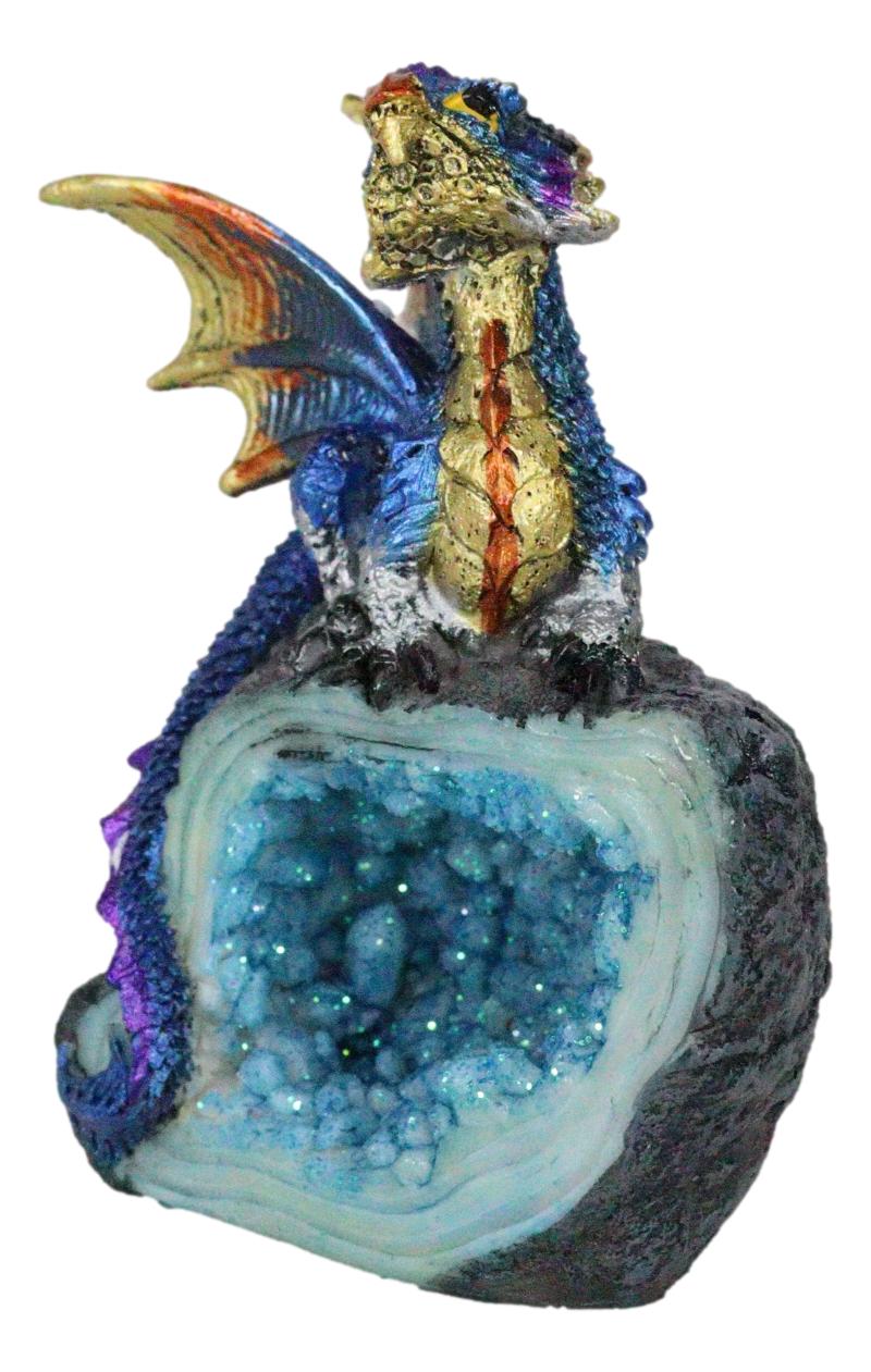 Metallic Blue Iridescent Wyrmling Dragon On Faux Geode Crystal Rock Figurine