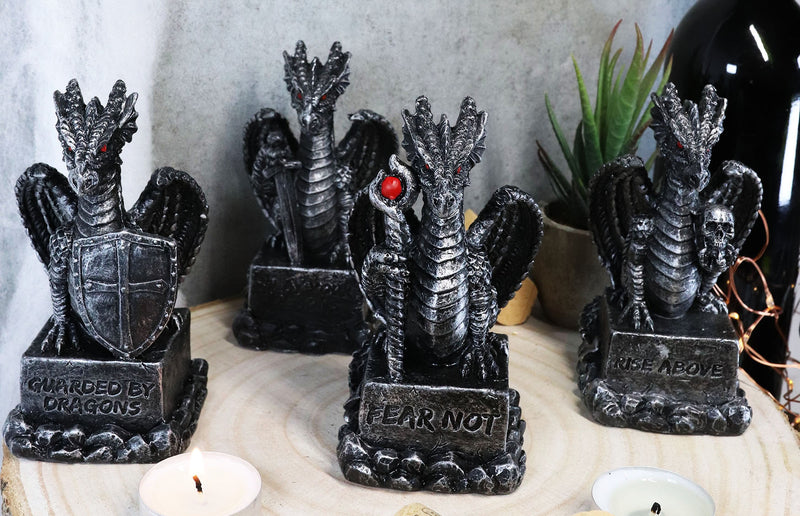 Ebros Medieval Inspirations Guardian Dragons W/ Shield Sword Staff And Skull Set of 4