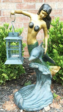 Ebros Garden Ocean Mermaid Goddess Holding Candle Lantern Aluminum Statue 21"H