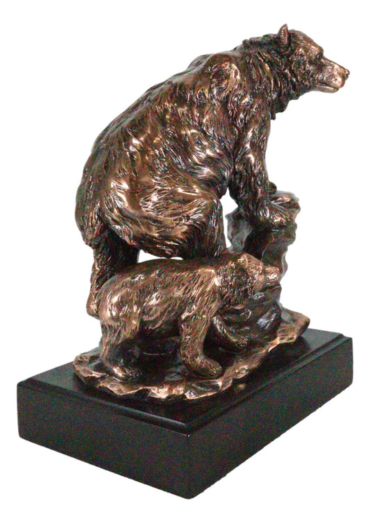 Black Bear Mother With Cub Climbing Rock Bronze Electroplated Resin Statue 9"H - Ebros Gift