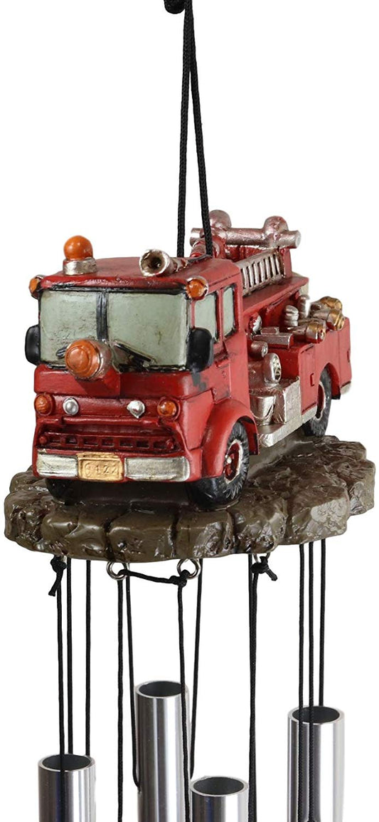 Ebros Gift Decorative Red Fire Engine Truck Model Resonant Relaxing Wind Chime Patio Garden Accent of Fire Fighters Hydrants 911 Emergency Civil Service