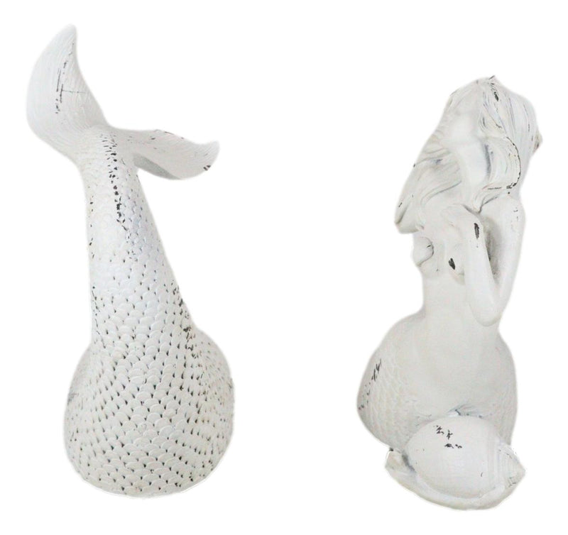 Rustic White Stone Finish Ocean Siren Mermaid Body & Tail Bookends Figurine Set