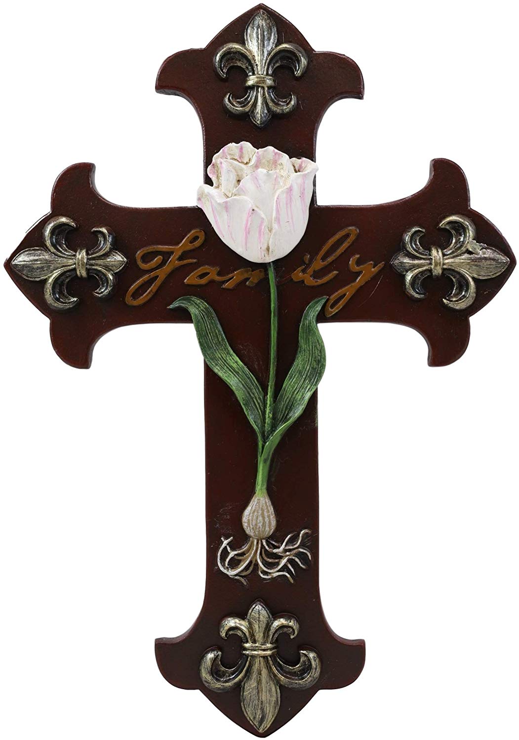 Ebros Tuscan Fleur De Lis Emblems with Pink Rose of Sharon Wall Cross Decor 10"H
