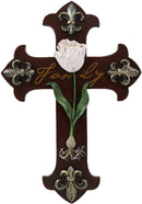 Ebros Tuscan Fleur De Lis Emblems with Pink Rose of Sharon Wall Cross Decor 10"H