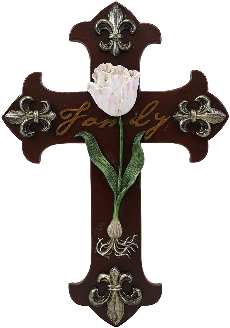 Ebros Tuscan Fleur De Lis Emblems with Pink Rose of Sharon Wall Cross Decor 10"H