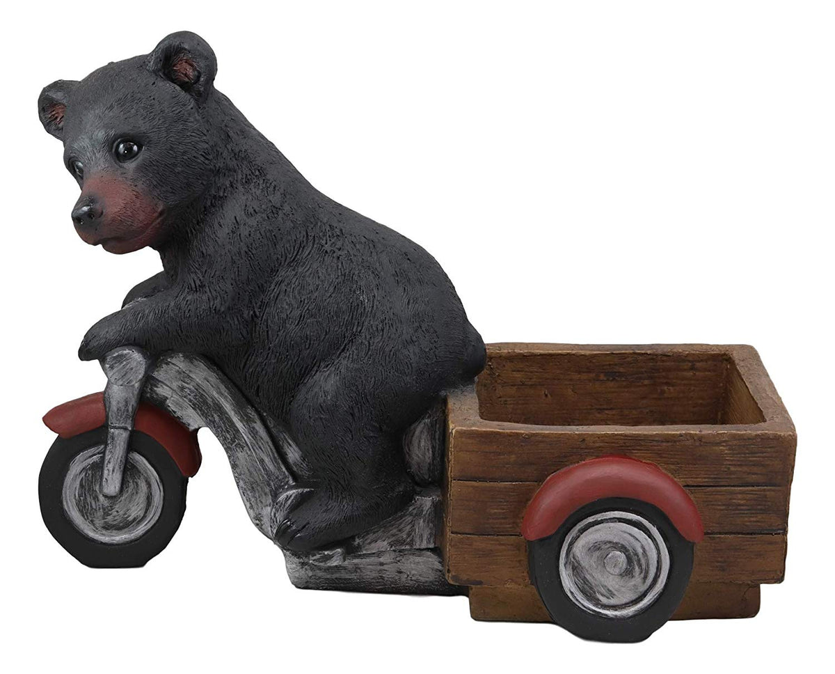 Ebros Gift Large Rustic Wildlife Black Bear Riding Tricycle Flowers Or Plants Planter Statue 20.5" Long