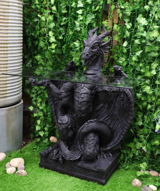 Gothic Fantasy Butler Black Dragon Sculptural Glass Topped Side Table 33.5"H