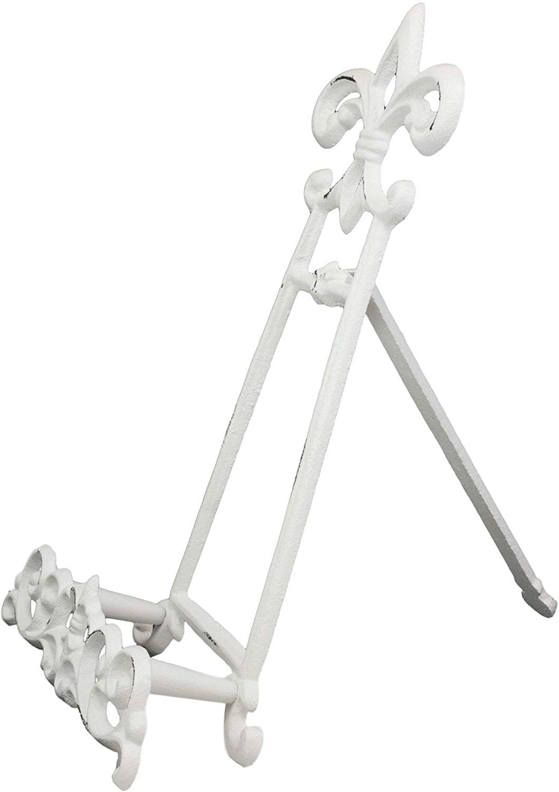 Ebros Cast Iron Rustic White Fleur De Lis Crown Scroll Art Base Easel Photo Book Stand