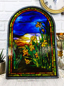 Louis Tiffany Daffodils Oyster Bay Stained Glass Art Panel Wall Or Desk Plaque