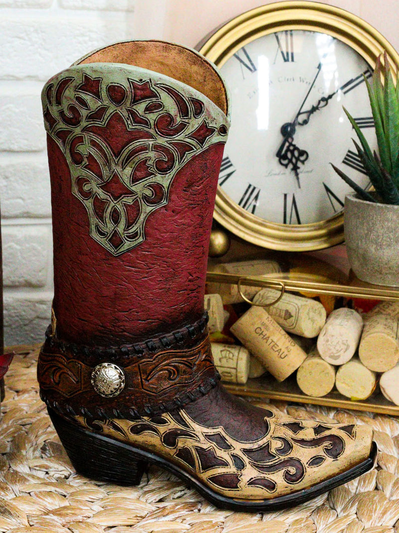 Rustic Western Red Brown Tooled Leather Scroll Lace Patterns Boot Floral Vase