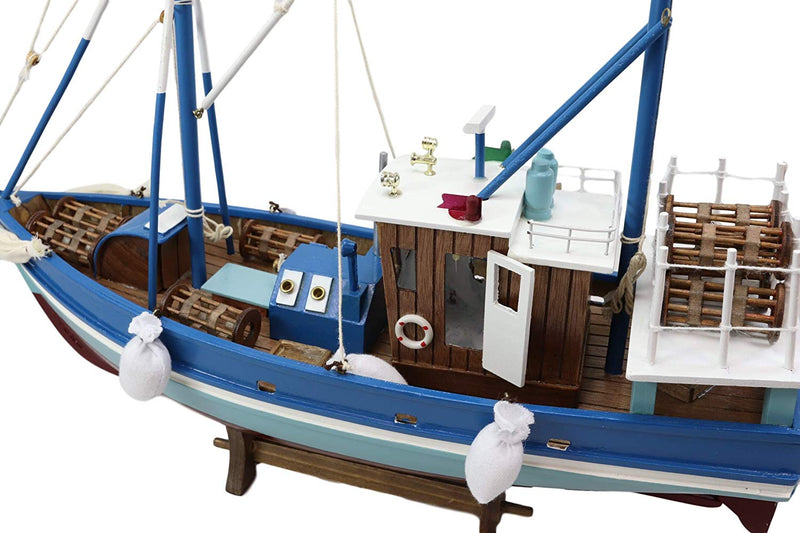 Ebros 18"L Blue Maine Fishing Shrimping Lobster Boat Model with Wood Base Figure - Ebros Gift