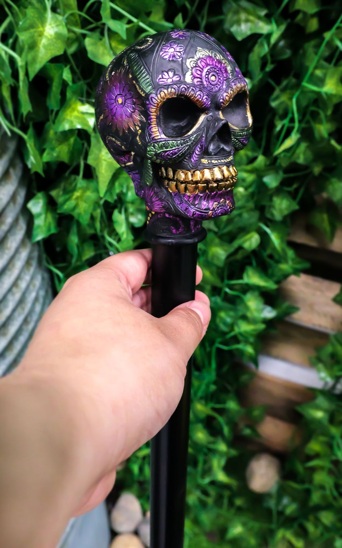 Gothic Day of The Dead Black Floral Sugar Skull Decorative Walking Cane 36"L